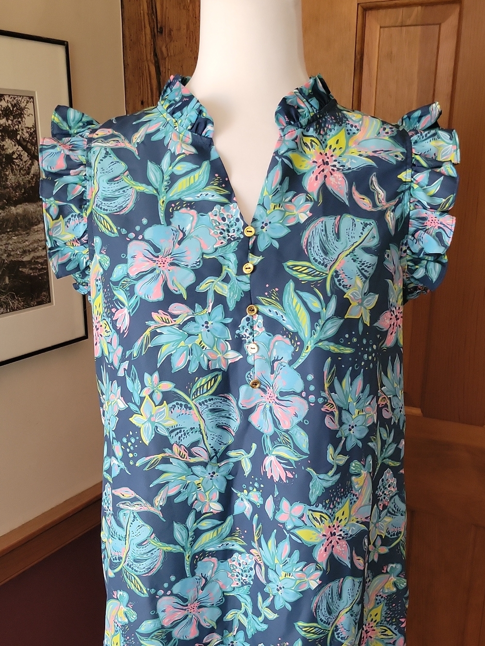 Charlie Paige Tropical Resortwear Floral Ruffle Sleeve Dress - Aqua Blue